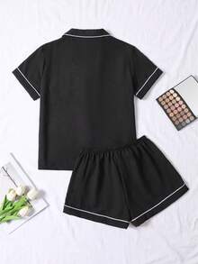 2pcs/Set Plus Size Women's Crinkle Black Solid Color Summer Pajama Set, Short Sleeve Button-Up Shirt And Shorts, Casual Loungewear - Black - View 4