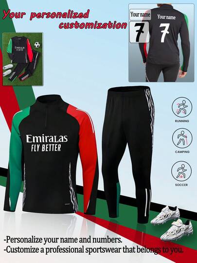 New Personalized Children's Training Outfit Set With Numbers And Names, Black And Red, Polyester And Spandex Crew Neck Zip-Up Top, Suitable For Football Parties, Weekend Casual Wear, Running, Yoga, Hiking -- Fall/Winter Sportswear, Suitable For Outdoor Activities.