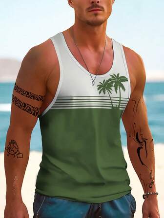 男士夏威夷热带海滩椰子树 3D 数码印花无袖背心 背心、健身和度假装