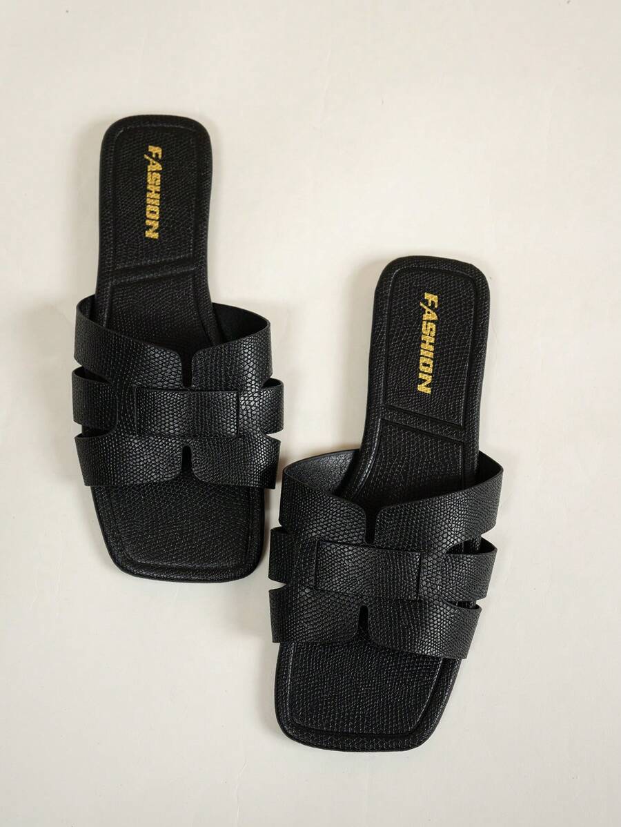 青少年平底凉鞋，女童轻便防滑耐磨PU方头平底拖鞋，时尚欧美流行海滩度假，春夏 - 黑色 - 查看 1