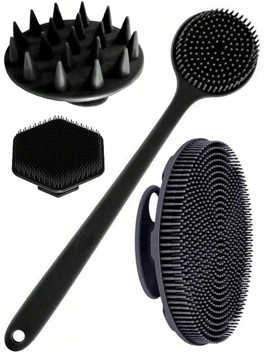 Bộ 4 cọ tắm silicon - Bao gồm: 1 cọ lưng cán dài, 1 cọ tắm cán ngắn, 1 cọ gội đầu và 1 cọ rửa mặt. Cọ tắm/rửa mặt cầm tay không dùng điện, tay cầm chống trượt, lực làm sạch mạnh mẽ, lông mềm mại, có thể làm sạch và massage mọi bộ phận trên cơ thể. Dụng cụ làm sạch, dụng cụ massage.