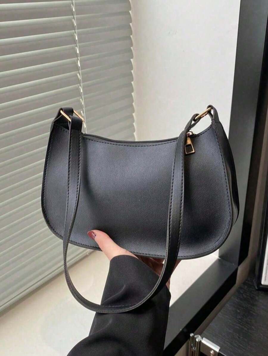 Solid Color Minimalist Zipper Closure Shou Ider Bag Stylish Simple Crescent Bag, Zipper Shoulder Bag, Faux Leather Solid Color Purse, Burg Undy Bag& New Year Ideal Gift, Fashionable Burgun Dy Bag