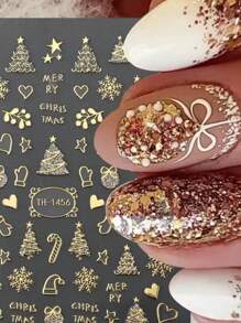 1 Stück selbstklebender goldener Weihnachts-Nagel-Aufkleber mit Schneeflocken- und Weihnachtsbaum-Design