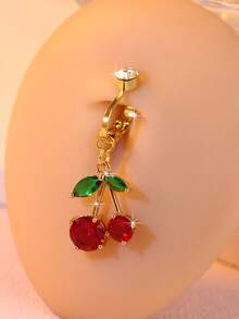 1 件镀金镶嵌锆石樱桃红肚脐环/夹，非穿孔设计，方便日常佩戴性感肚脐装饰 - 肚臍夾 - 查看 3