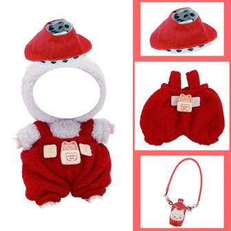 A Complete Set Of Doll Costumes And Accessories. The Three Pieces Set Includes Red Overalls With Cartoon Decorations, A Red Hat, And A Red Bag. Cute Style Doll Outfit Set, Used For Dressing And Decorating Dolls. Suitable For 17cmla Cloth Dolls (Excluding Dolls)