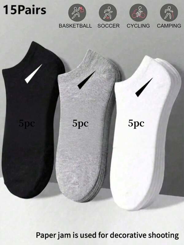 15 Pairs Women Fashion Solid Color Crew Socks, Black White Gray, Simple Stylish Comfortable Casual Versatile Daily Wear