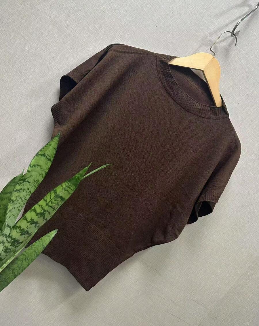 SHORT SLEEVE MODAL KNITTED BAT TOP - Màu nâu - Xem 1
