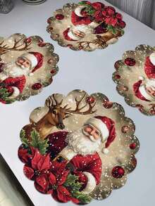 2/4/6/8 Pcs Christmas Holiday Placemats Set - Polyester Round Table Mats With Santa Claus & Reindeer Design, Woven, Non-Slip, Handwash/Washable, Suitable For Holiday Party, Outdoor Dining, Home Decor, Durable