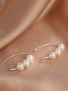 1pc S925 Sterling Silver Hook Pearl Earrings, Silver/Gold Color Stud Earrings, Minimalist High-End Elegant French Design, Suitable For Pierced Ears, Daily Wear, Valentine's Day Gift, Comes With Delicate Gift Box - Silver - View 6