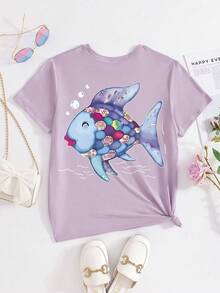 1PC Girls Ocean - Cute Cartoon Fish Print Short Sleeve T - Shirt, Soft & Breathable, Summer Daily Casual Wear - Purple - View 3