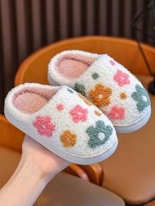 Girls Slippers Autumn And Winter Parent-Child Style Flower Embroidery Fashionable And Simple Small, Medium And Large Children Little Girl Baby Indoor Home Furry Slippers Soft Bottom Non-Slip Flat Bottom Bedroom Home Slippers - Multicolor - View 3