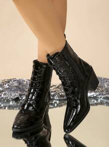 Bottes femme à 7 trous, style britannique à Talons Épais, bottes fuselées avec fermeture éclair latérale, lacets, bottes courtes , talons hauts mode, bottes  à bout carré, pour le printemps et l'automne