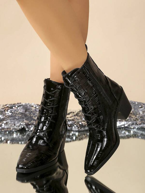Bottes femme à 7 trous, style britannique à Talons Épais, bottes fuselées avec fermeture éclair latérale, lacets, bottes courtes , talons hauts mode, bottes  à bout carré, pour le printemps et l'automne