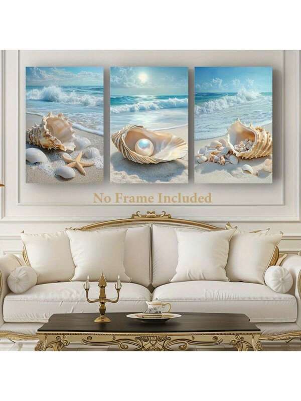 3pcs Beach Themed Canvas Art Prints, No Frame Wall Decor, Seashell And White Sand Scenery, Coastal Decor,For Summer Elegant Living Room Bedroom Artwork For Living Room Summer Decoration