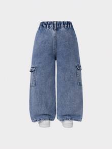 1件装 女童休闲舒适百搭浅蓝色牛仔阔腿直筒工装裤 - 中等水洗藍 - 查看 2