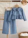 Set de 2 piezas: Blusa con cuello de muñeca dulce y linda para niñas pequeñas, combinada con pantalones vaqueros azules simples y casuales para exteriores, nueva llegada de otoño/invierno