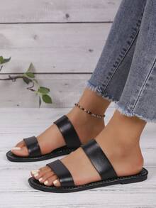 简约纯色平底凉鞋 - 黑色 - 查看 5