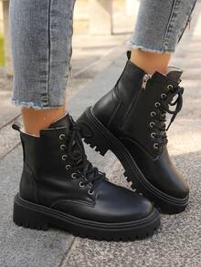 女士靴子，新款秋冬毛绒保暖厚底系带踝靴，百搭粗跟摩托车靴 - 黑色 - 查看 1