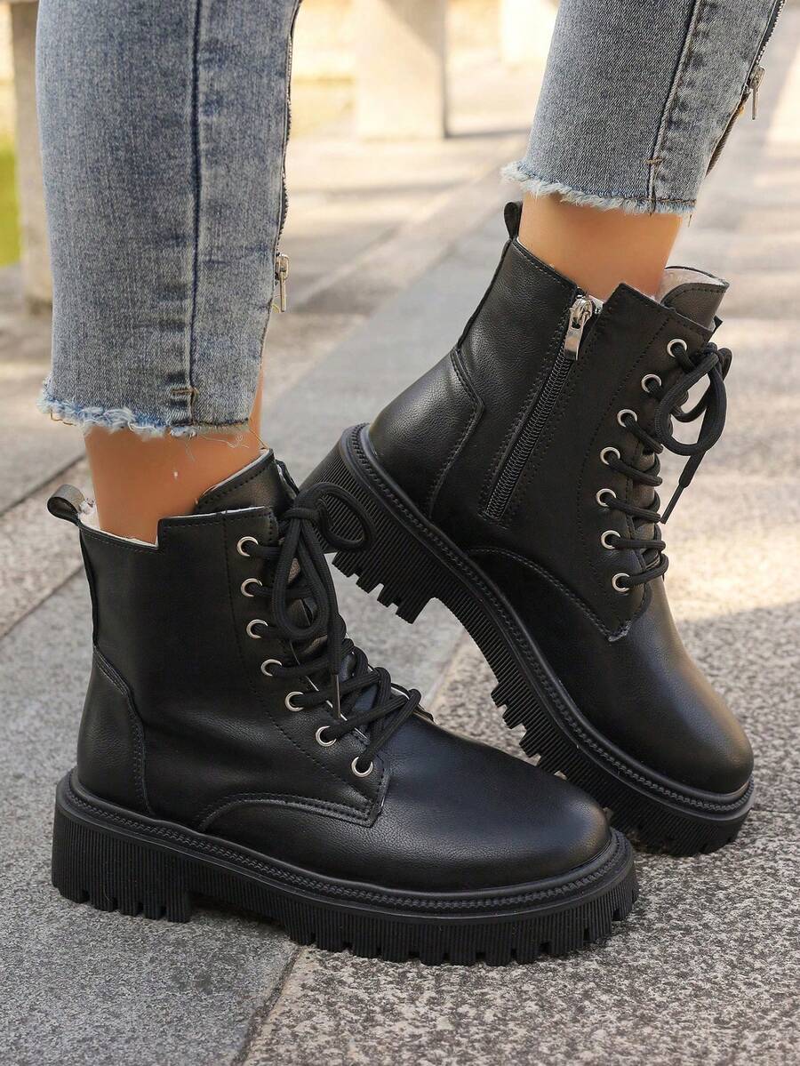 女士靴子，新款秋冬毛绒保暖厚底系带踝靴，百搭粗跟摩托车靴 - 黑色 - 查看 1
