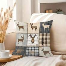 1 Stück/2 Stücke Hirsch Patchwork Kissenbezug im Landhausstil, umkehrbar in rustikalen neutralen Farben, verschiedene Größen erhältlich, Leinengemisch, Reißverschluss, maschinenwaschbar, gewebter Polyester, künstlerisch bedruckter Kissenbezug, geeignet für Wohndekoration