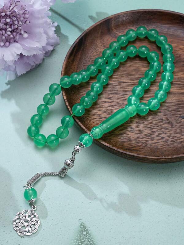 1pc Vintage Solid Color Handmade Beaded Bracelet, Acrylic Material With Zinc Alloy Pendant, Prayer Beads, Available In Transparent Multi-Color