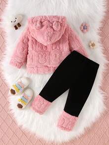 Baby Girls Warm Casual Set, Cute Rabbit Pattern Furry Hooded Jacket And Pants, Autumn/Winter - Pink - View 2