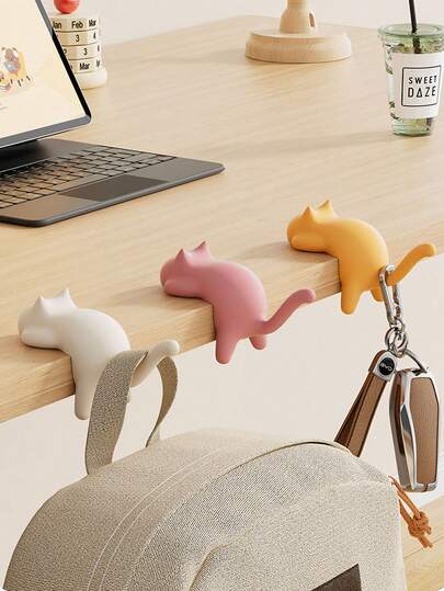 1pc/2pcs/3pcs/5pcs Black White Yellow Pink Cat Backpack Hook Adhesive Wall Mount Desk Side Organizer No Trace Hanging Bag Multi-Functional Storage For Elementary School Students Children Kids Bedroom Office Dorm Room Punch-Free Installation Easy Installation Cute Animal Design Lightweight Durable