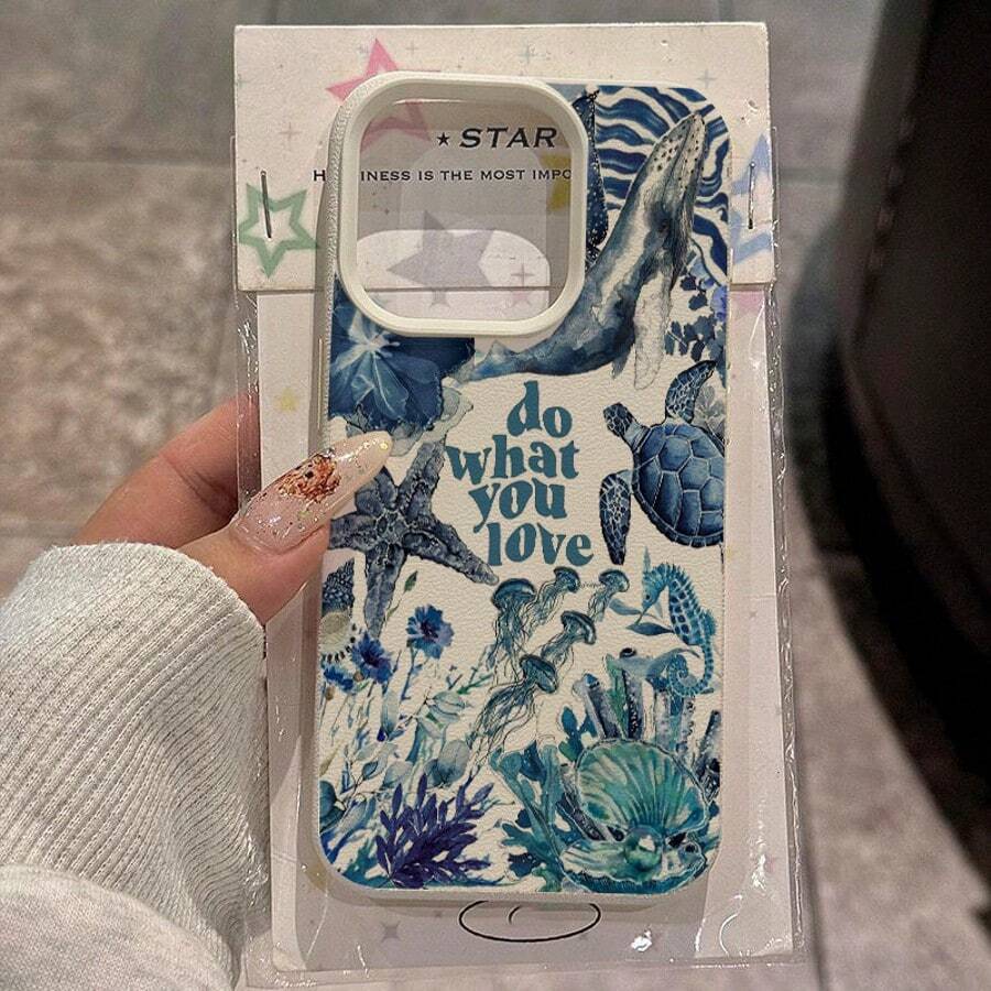 1个TPU复古蓝色海洋海星海龟珊瑚字母图案手机壳，兼容/等手机，国际版，非国内版 - 白色 - 查看 1