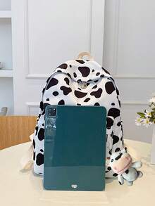 1个经典基础款大容量背包，适合返校季，带笔记本电脑隔层，时尚多功能背包，通体奶牛纹图案，优质尼龙材质，可调节肩带 - 白色 - 查看 5