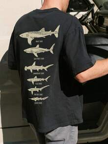 Men's Casual Ocean Fish Graphic Print Round Neck Short Sleeve T-Shirt, Summer - Black - View 3