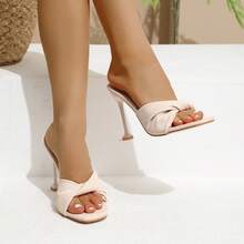 Women's Square Toe Textured Apricot Comfortable Summer Simple Evening Wedding Party Slim High Heel Sandals - Beige - View 5