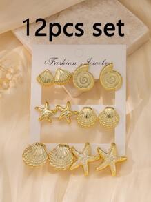 2-12pcs/Set Fashion Starfish, Shell Earrings Set, Suitable For Summer Travel And Holiday Wear