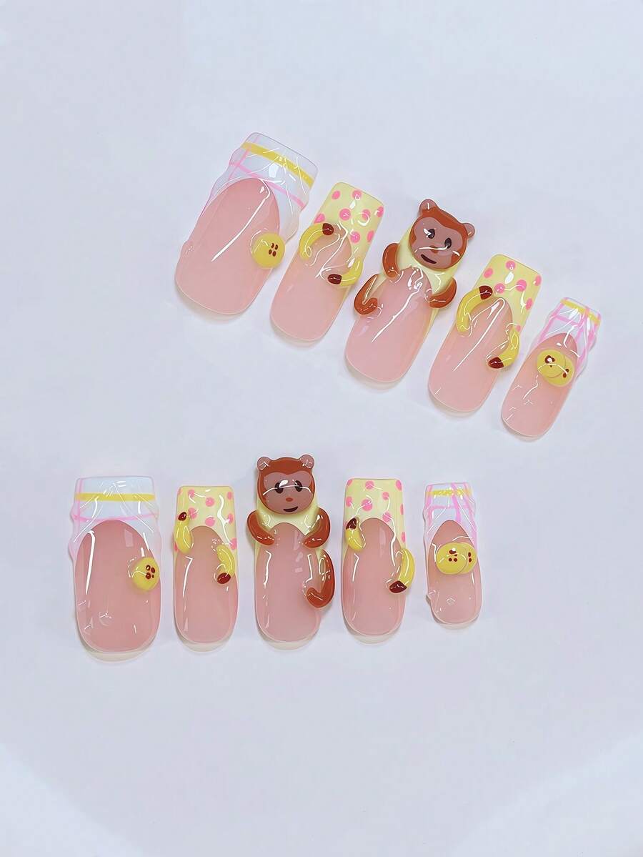 10Pcs Y2K Nails Pipe-Shaped Press On Nails Set - Handcrafted, Yellow Nails, Yellow French Tip Style, Hand Drawn Yellow And Pink Stripe French Style, Handmade 3D Monkey And Handmade 3D Banana Pattern, Hand Drawn Transparent 3D Pattern Design - Suitable For Women And Girls, Party, Wedding Nail Supplies Nails - Multicolor - View 1