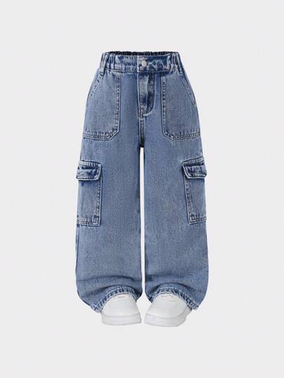 1pc Young Girl Fashion Casual Comfortable Versatile Light Blue Denim Wide Leg Cargo Pants, New Autumn/Winter Design