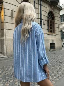 休闲百搭条纹翻领纽扣袖口设计亚麻衬衫，秋季新品，秋季女装，条纹衬衫