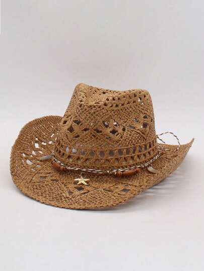 1pc Bohemian Solid Color Beaded Hollow Out Panama Straw Hat, Casual Protection Decorative Sun Hat, Fashion All-Match For Outdoor Activities, All Seasons