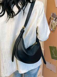 Women's Leather Dumpling Shaped PU Leather One Shoulder Satchel Bag, Solid Color, Adjustable Strap, Suitable For Daily Commute - Black - View 3