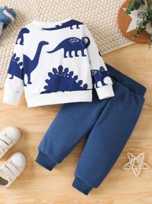 2pcs Baby/Baby Boy Casual Sports Cute Dinosaur Print Crew Neck Long Sleeve Top And Relaxed Pants Outfit, Suitable For Outdoor Wear, Autumn/Winter