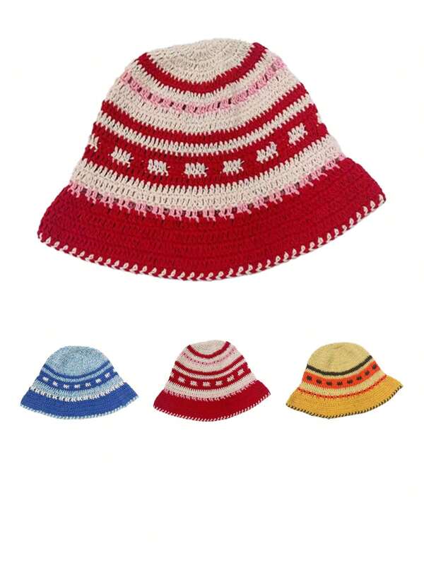 1 Peça Chapéu de Balde Multicolorido Feito à Mão, Estilo Boêmio, Chapéu de Balde de Tricô Decorativo e à Prova de Vento, Adequado para Uso Casual de Verão, Compras, Praia e Mais Ocasiões