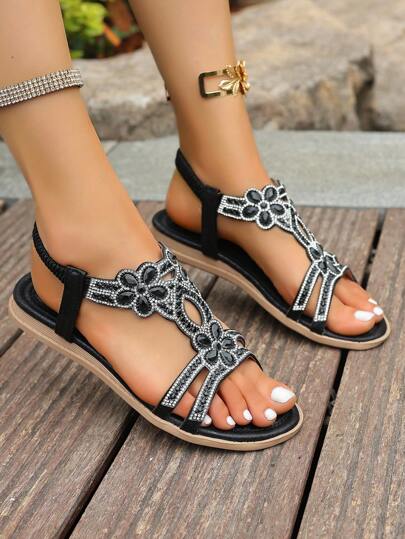 Sandales compensées style mule avec cristaux, nouvelles sandales d'été pour femmes avec semelle souple antidérapante, décor de strass, bout rond, chaussures polyvalentes pour la plage, les fêtes, augmentation de la taille