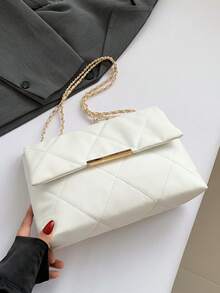 新款女士刺绣菱形绗缝链条单肩包，简约时尚大容量工作通勤斜挎包 - 白色 - 查看 4