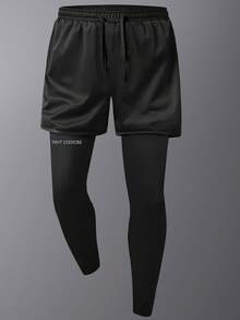 1 Stück Herren feuchtigkeitsableitende Sport-Shorts mit Buchstaben-Muster, elastischer Taille Lässig Fitness Lauf-Tights - Schwarz - Übersicht 2