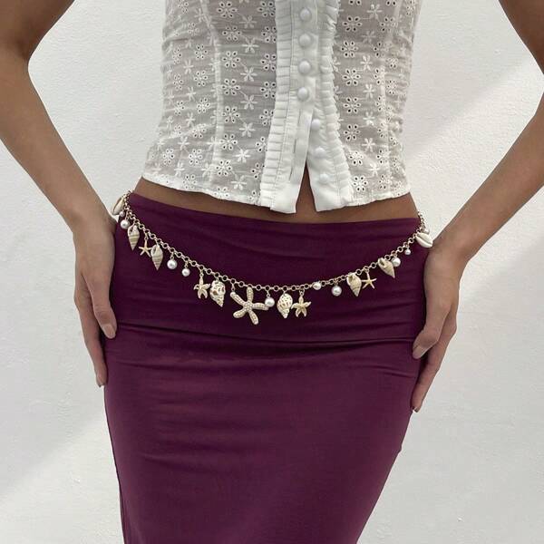 Bohemian Ocean Beach Shell Decor Body Chain, Starfish Seashell Waist Chain, Resort Style