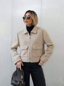 Women's Rice Pink Tweed Jacket Front Zip With Pockets Street Style Fall Winter Coat - Beige - View 9