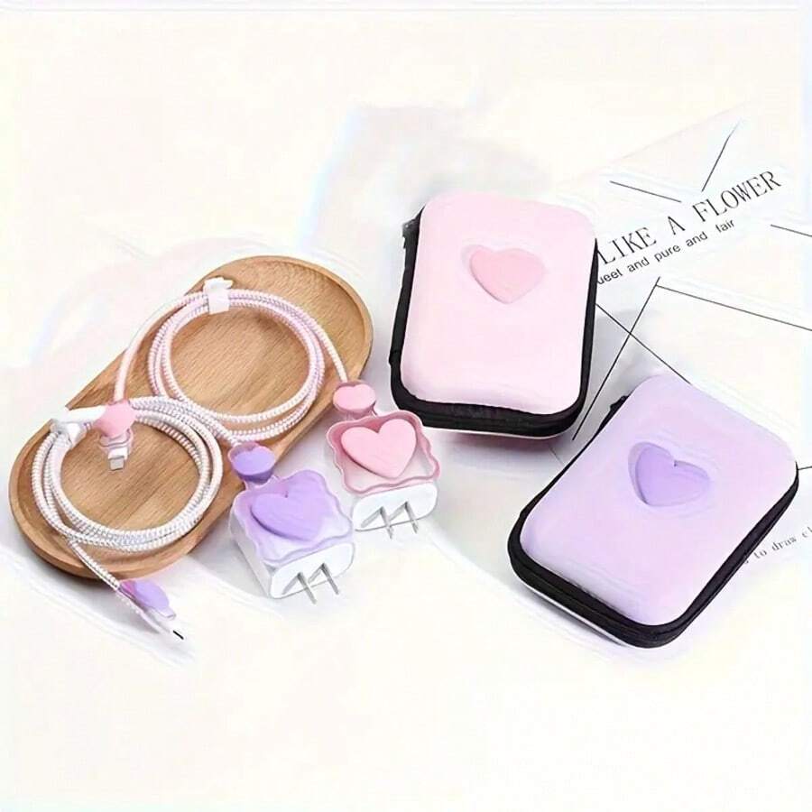 6 件套紫心 EVA 数据线收纳盒 + TPU 波浪心形充电器保护壳，兼容 Apple 18w/20w 充电器，适合女孩、朋友、节日和万圣节礼物 Nan 数据线保护器 充电器配件 手机配件 - 粉色 - 查看 1