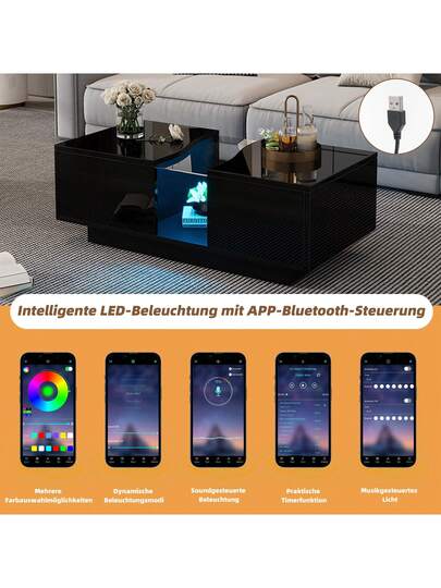 Sairedel Moderne LED Coffee Tafel Drawers 100 50 35 Cm, Wit High Gloss Side Verlichting Acrylic Top, MDF Living Room, Bedroom view 8