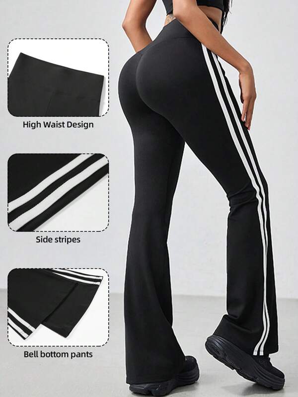 Black Yoga Flared Sports Pants High Waist Fitness Wide Leg Sweatpants Peach Butt Lifting Basic Leggings Breathable Side Stripe Trousers Softness Flare Yoga Pants Daily&Casual Women's Tummy Control Workout Sports Trousers