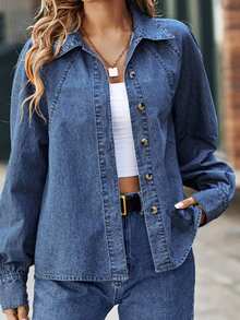 Women Denim Jacket, Long Sleeve Turn-Down Collar Button Closure Solid Fall Jacket Streetwear - Blue - View 5