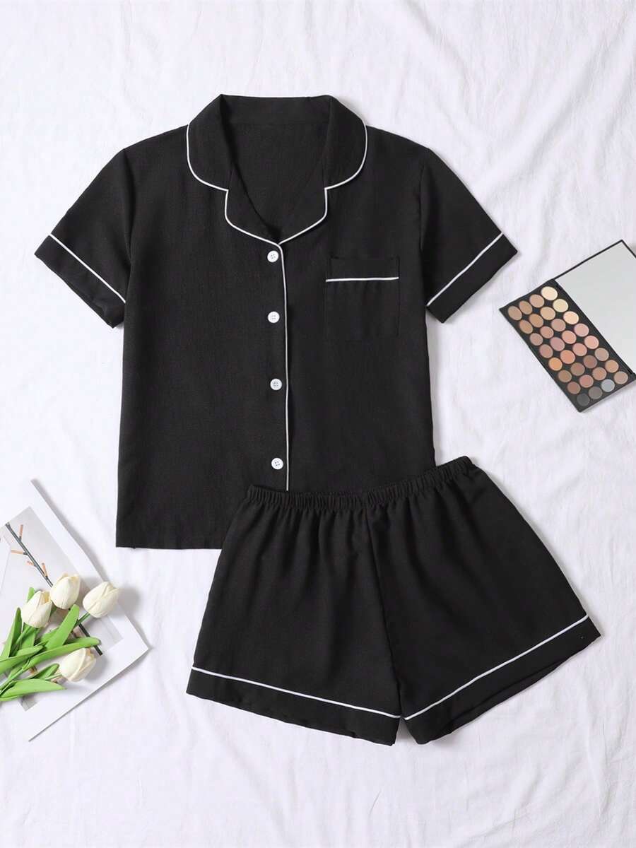 2pcs/Set Plus Size Women's Crinkle Black Solid Color Summer Pajama Set, Short Sleeve Button-Up Shirt And Shorts, Casual Loungewear - Black - View 1