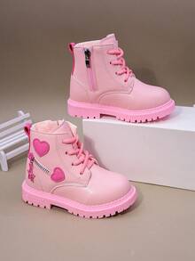 Fashionable Baby Boots, Children's Bow Boots, Mid-Top Girls' Casual Short Boots With Side Zipper, Flat Bottom - Pink - View 4